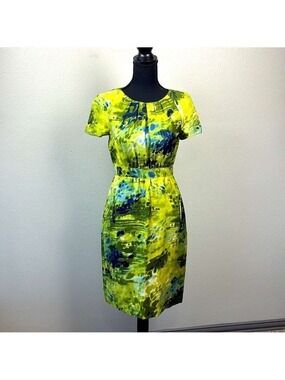 Peter Som Silk Dress Chartreuse Watercolor Print Pockets Pleated  XS